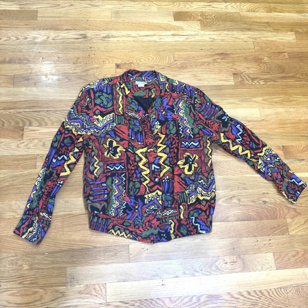 Maren Vintage Abstract Geometric Print Rayon Bomber Jacket Multicolor Medium USA